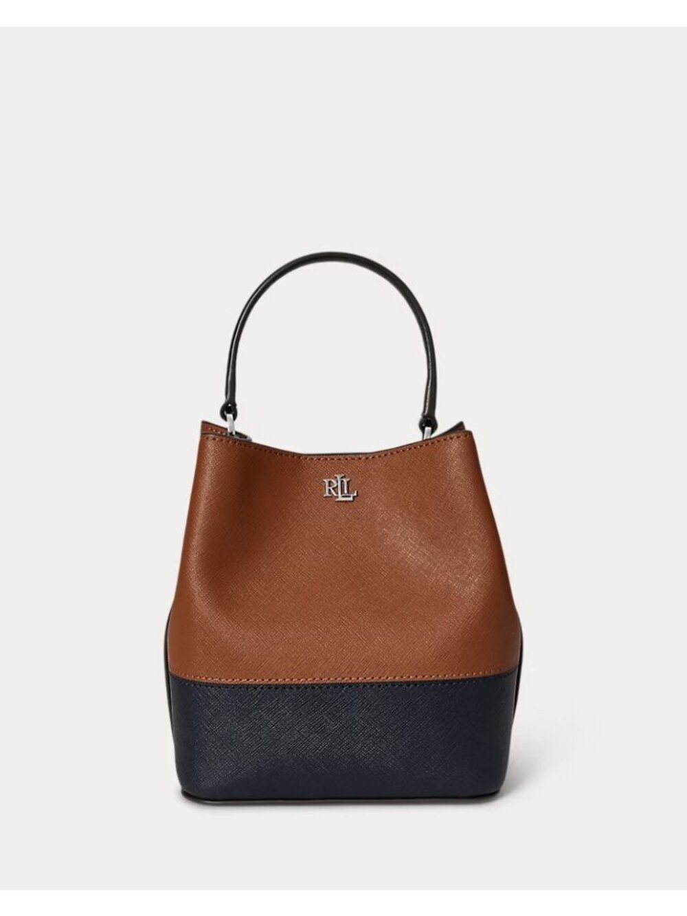 Lauren Ralph Lauren Small 2 Tone Leather Reese Bucket Bag Tan/Navy (no long stra - Picture 3 of 12